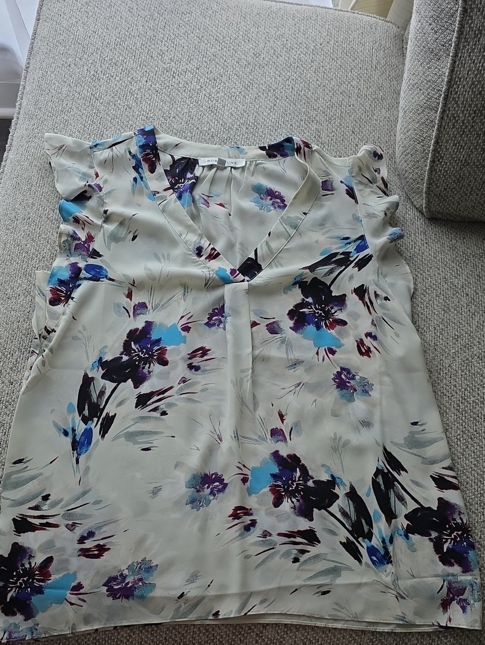 Floral V-Neck Ruffle Sleeve Women's Top - Cream with Blue & Purple Floral